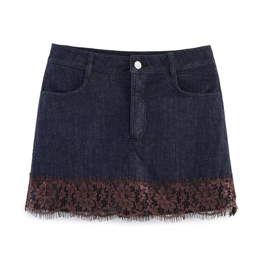 Damen Denimrock mit floraler Spitzenverzierung und fransigem Saum EB