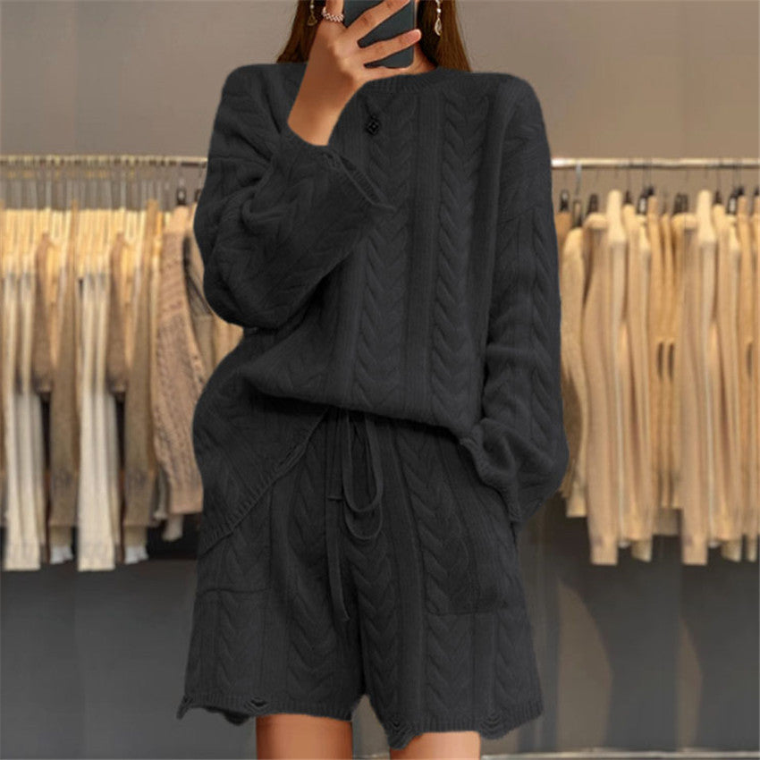 Damen nan kuscheliges Zopfmuster-Strickset mit Rundhals-Pullover und Taillen-Shorts EB
