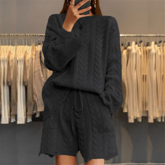 Damen nan kuscheliges Zopfmuster-Strickset mit Rundhals-Pullover und Taillen-Shorts EB