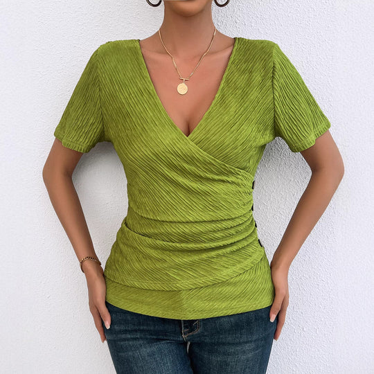 Damen Wickelbluse mit raffinierten Falten und Knopfdetails EB