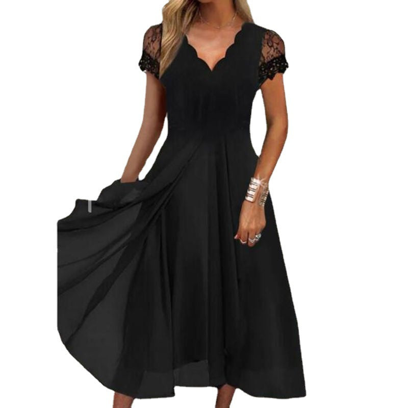Damen nan fließendes Midikleid mit geschwungenem V-Ausschnitt, taillierter A-Linien-Silhouette und filigranen Spitzenärmeln EB