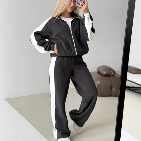 Damen sportlich-elegantes Fleece-Trainingsset mit kurzem Stehkragen-Zip, elastischem Bund und seitlichen Kontrastbahnen Eichborn Berlin