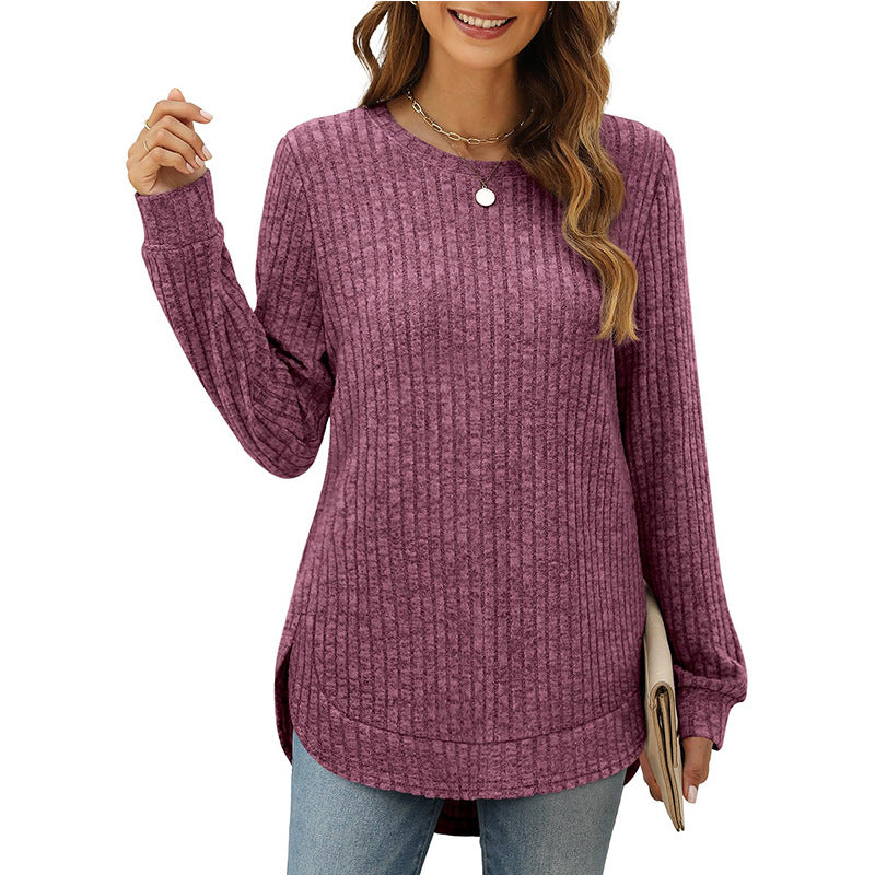 Damen lässiges Langarmshirt mit Rippstruktur und seitlichen Schlitzen EB