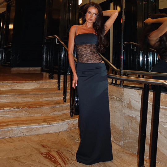 Damen Elegantes Maxikleid mit Spitzeneinsätzen und verstellbaren Trägern EB