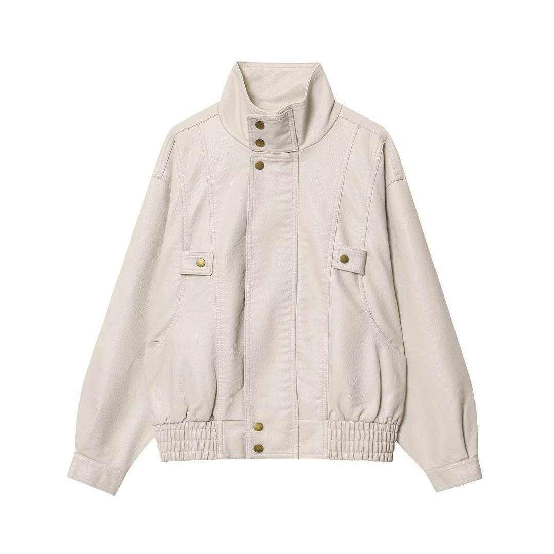 Damen lässige Kunstlederjacke mit hohem Kragen und Weitenregulierung EB