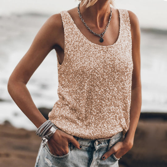 Damen Glitzerndes Top mit tiefem Rundhalsausschnitt und leichter A-Linie EB