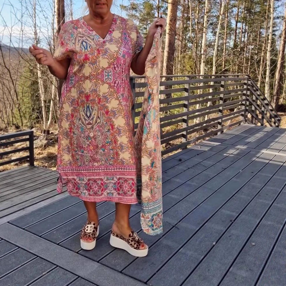Damen nan luftiges V-Ausschnitt-Kleid im Paisley-Print mit Eingrifftaschen und passendem Pareo EB