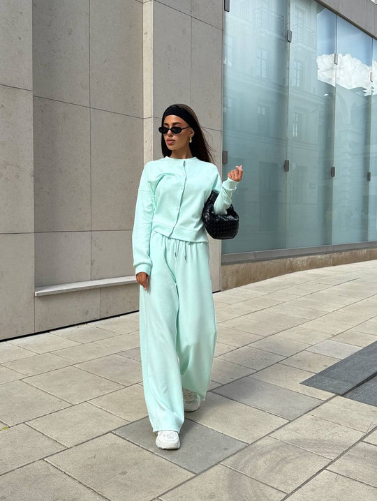 Damen Zweiteiliges Loungewear-Set mit verdeckter Druckknopf-Cardigan und weiten High-Waist Jogpants EB