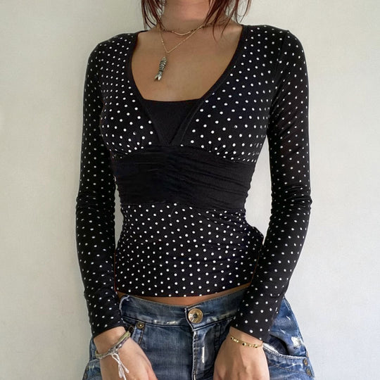 Damen nan taillierte Wickelbluse mit Polka‑Dot Muster, tiefem V‑Ausschnitt und breitem Taillenband EB