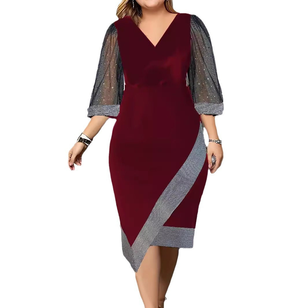 Damen Elegantes Cocktailkleid mit transparenten Puffärmeln und asymmetrischem Saum EB