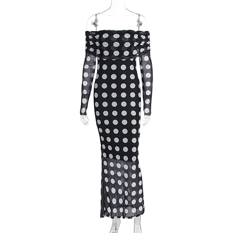 Damen Elegantes Maxikleid mit schulterfreiem Design und Punkten EB