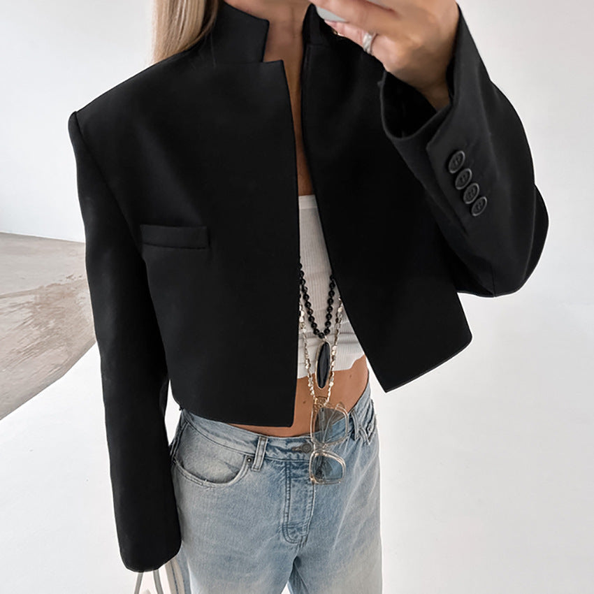 Damen Kurzer Blazer mit Stehkragen und Taschen EB