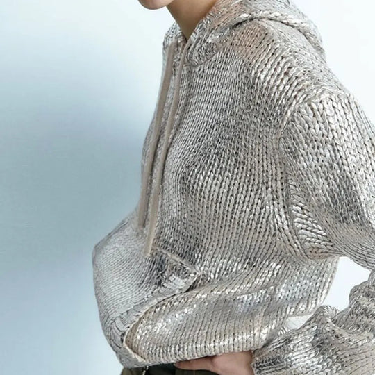 Damen Glitzernder Strickpullover mit Kapuze und praktischer Kängurutasche EB
