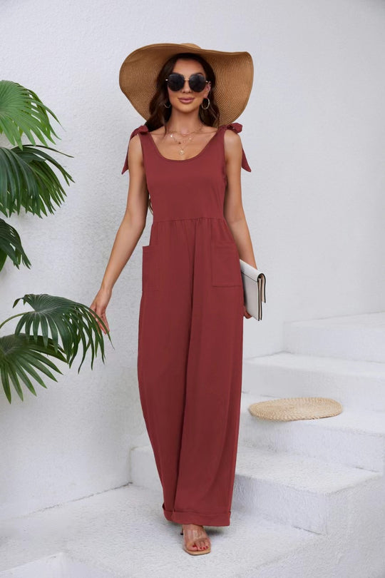 Damen Eleganter Jumpsuit mit verstellbaren Trägern und weitem Bein EB
