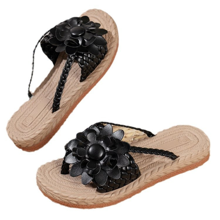 Damen elegante Blumen-Pantoletten aus geflochtenem Material EB
