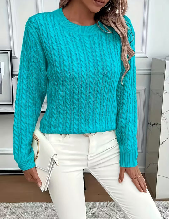 Damen Kurz geschnittener Zopfmuster-Strickpullover mit Rundhalsausschnitt EB