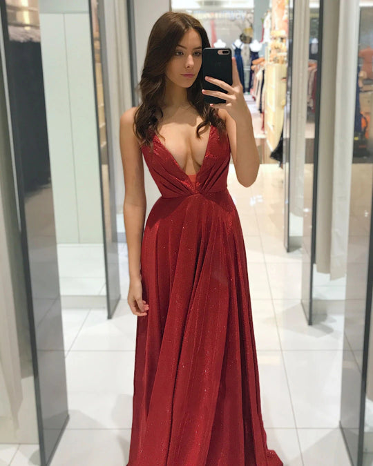 Damen Glamouröses Abendkleid mit tiefem V-Ausschnitt und funkelnden Details EB