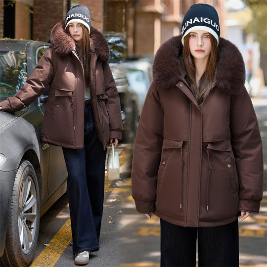 Damen nan kurzer urbaner Thermoparka mit luxuriösem abnehmbarem Pelzkragen und multifunktionalen Taschen EB