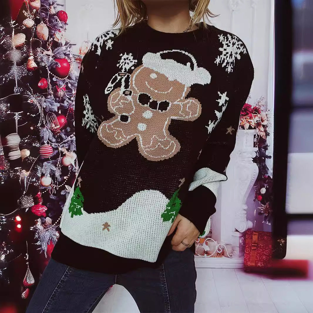 Damen Weihnachts-Pullover mit gingerbread-Motiv und Rundhalsausschnitt EB
