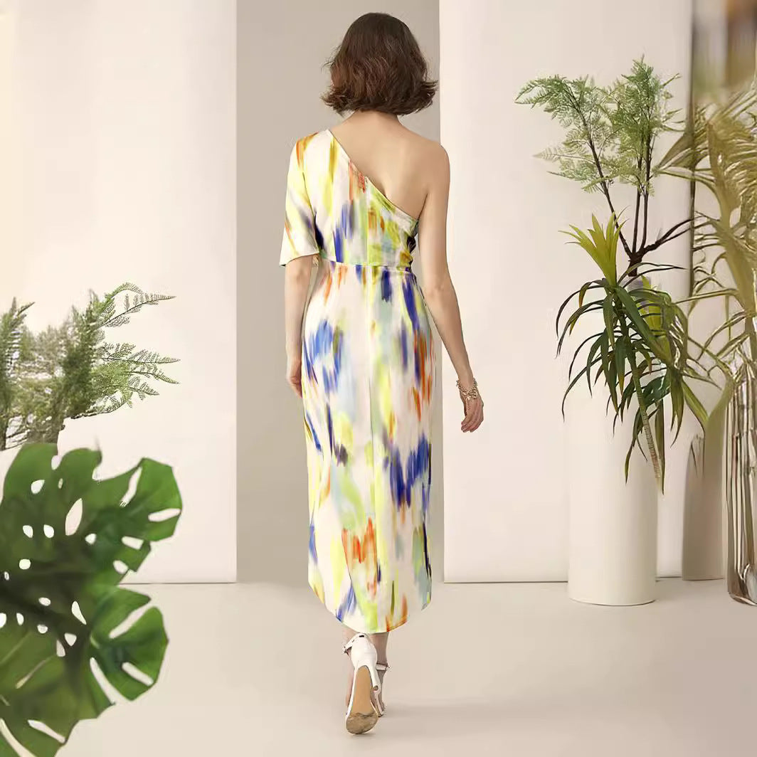 Damen One-Shoulder Kleid mit asymmetrischem Saum und fließendem Schnitt EB
