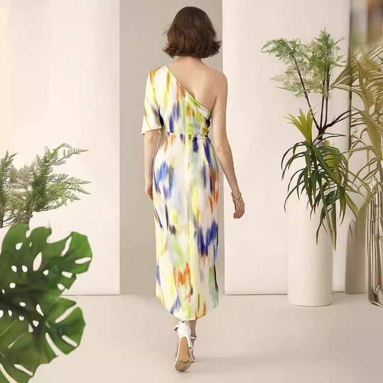 Damen One-Shoulder Kleid mit asymmetrischem Saum und fließendem Schnitt EB