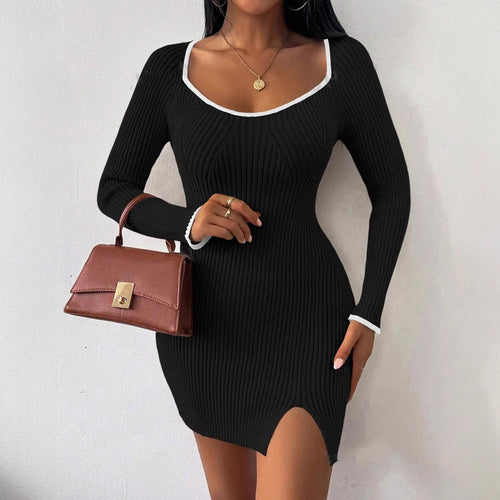 Damen figurbetontes Rippstrickkleid mit tiefem Ausschnitt und Seitenschlitz EB