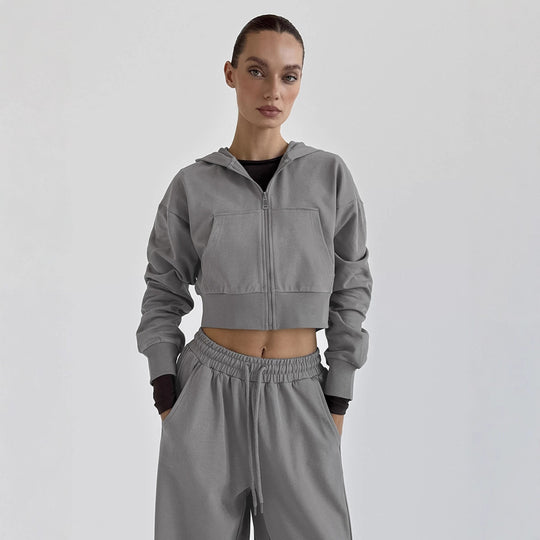 Damen Lässiges Crop-Top und weite High-Waist-Hose Set EB