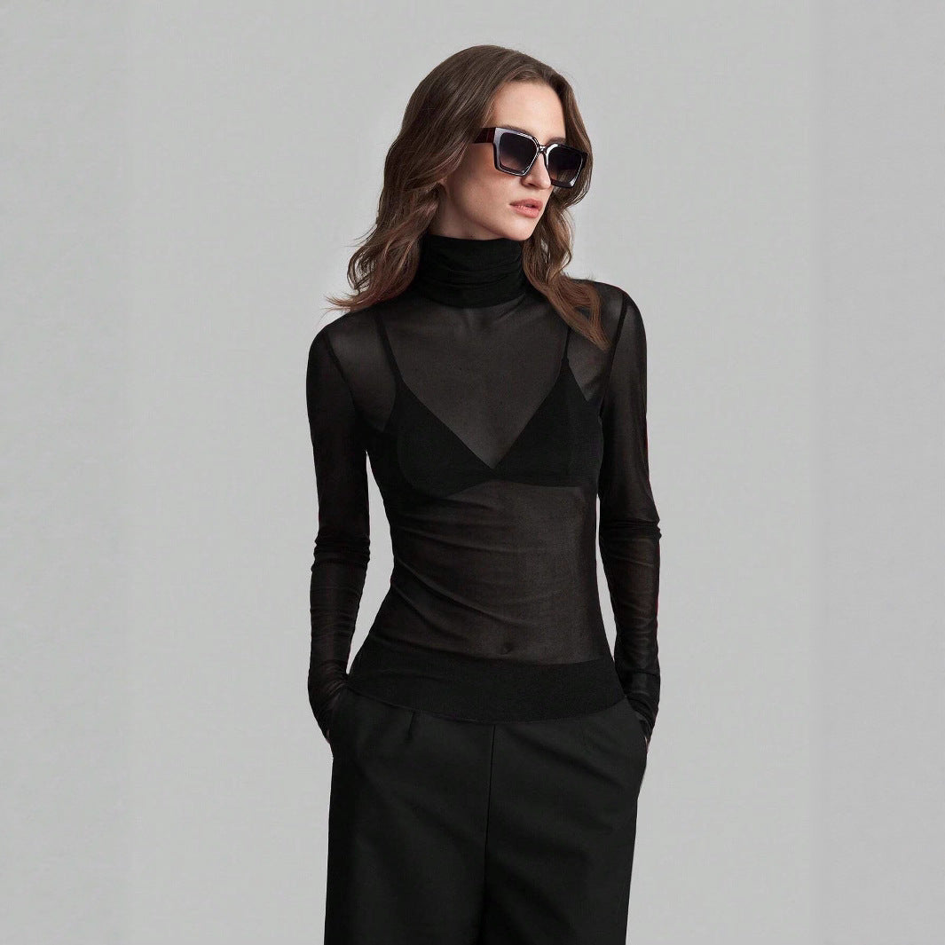 Damen Transparente Turtleneck-Bluse mit figurformendem Schnitt EB
