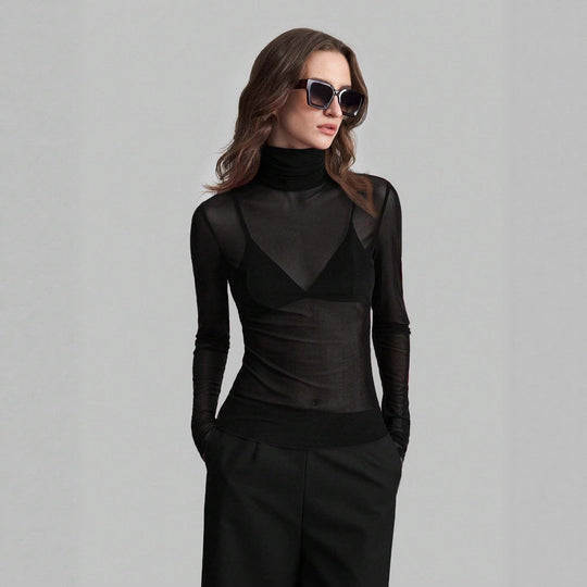 Damen Transparente Turtleneck-Bluse mit figurformendem Schnitt EB