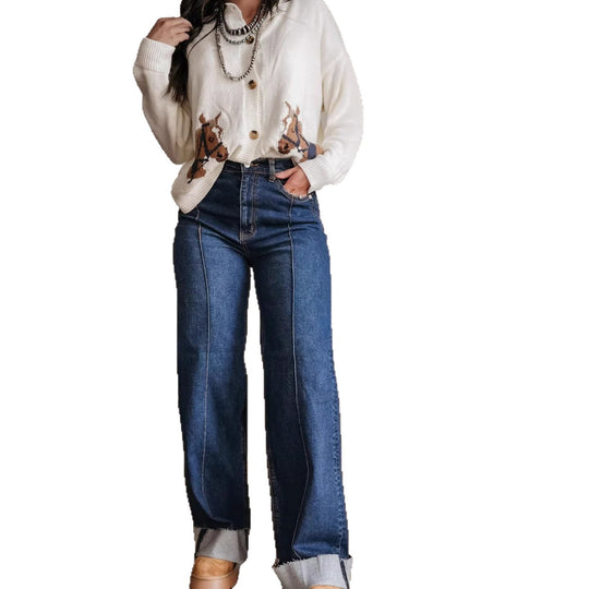 Damen weite High-Waist Jeans mit einzigartigen Kontrastnähten und lässigem Look EB