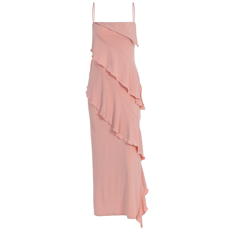 Damen schulterfreies Maxikleid mit asymmetrischem Rüschendesign EB
