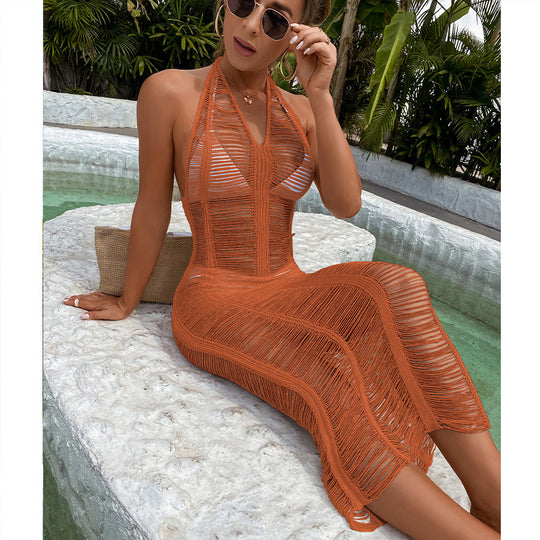 Damen Häkel-Strandkleid mit fransigen Elementen und hoher Taille EB