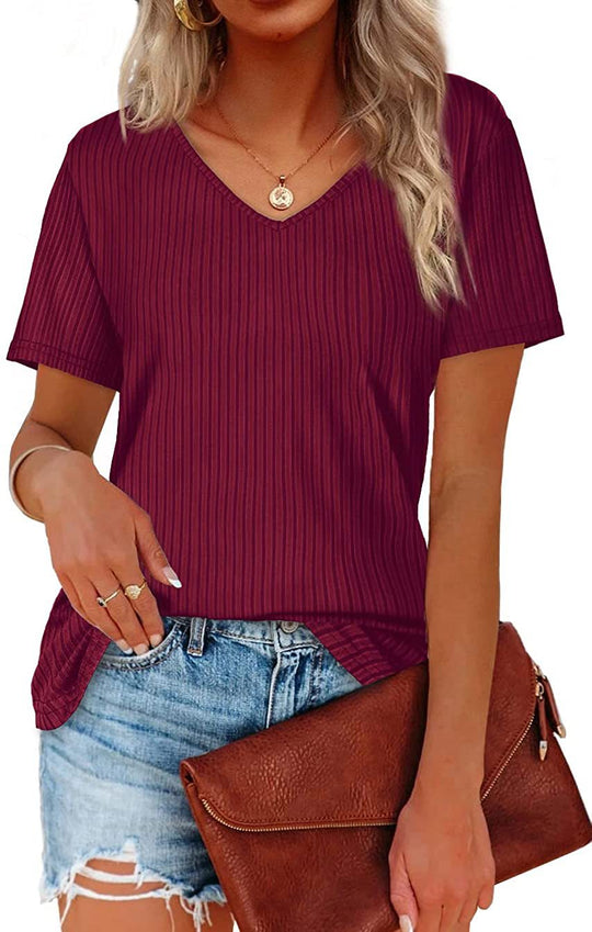 Damen Viskose T-Shirt mit feinem Rippstrickmuster und lässigem V-Ausschnitt EB