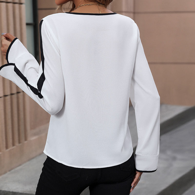 Damen Elegante Chiffon-Bluse mit Kontrastpaspel, Schleifenbindeband und Trompetenärmeln EB