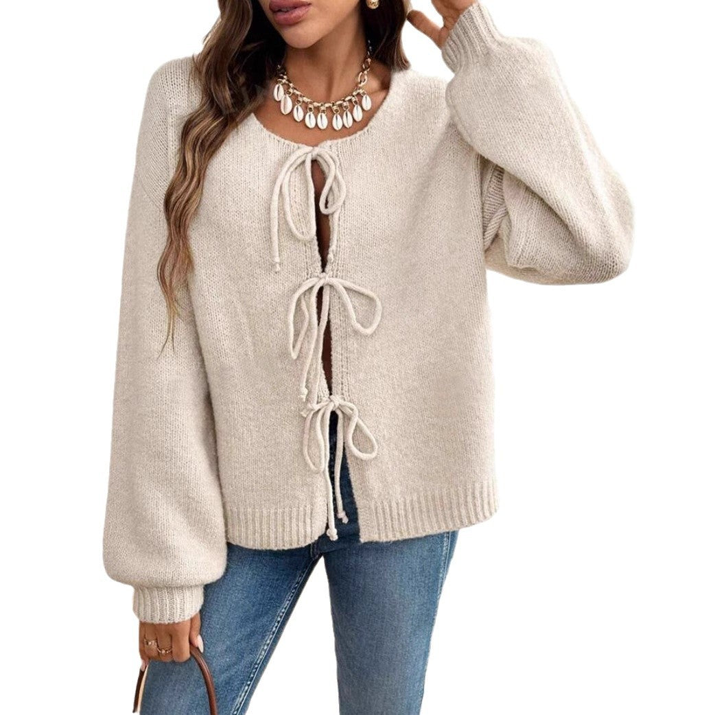 Damen Kurzcardigan mit Bindebändern, Oversize‑Silhouette und Ballonärmeln EB