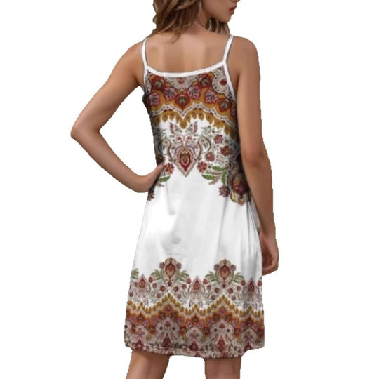 Damen Spaghetti-Träger Kleid mit stilvollem Paisleymuster und A-Linien Schnitt EB