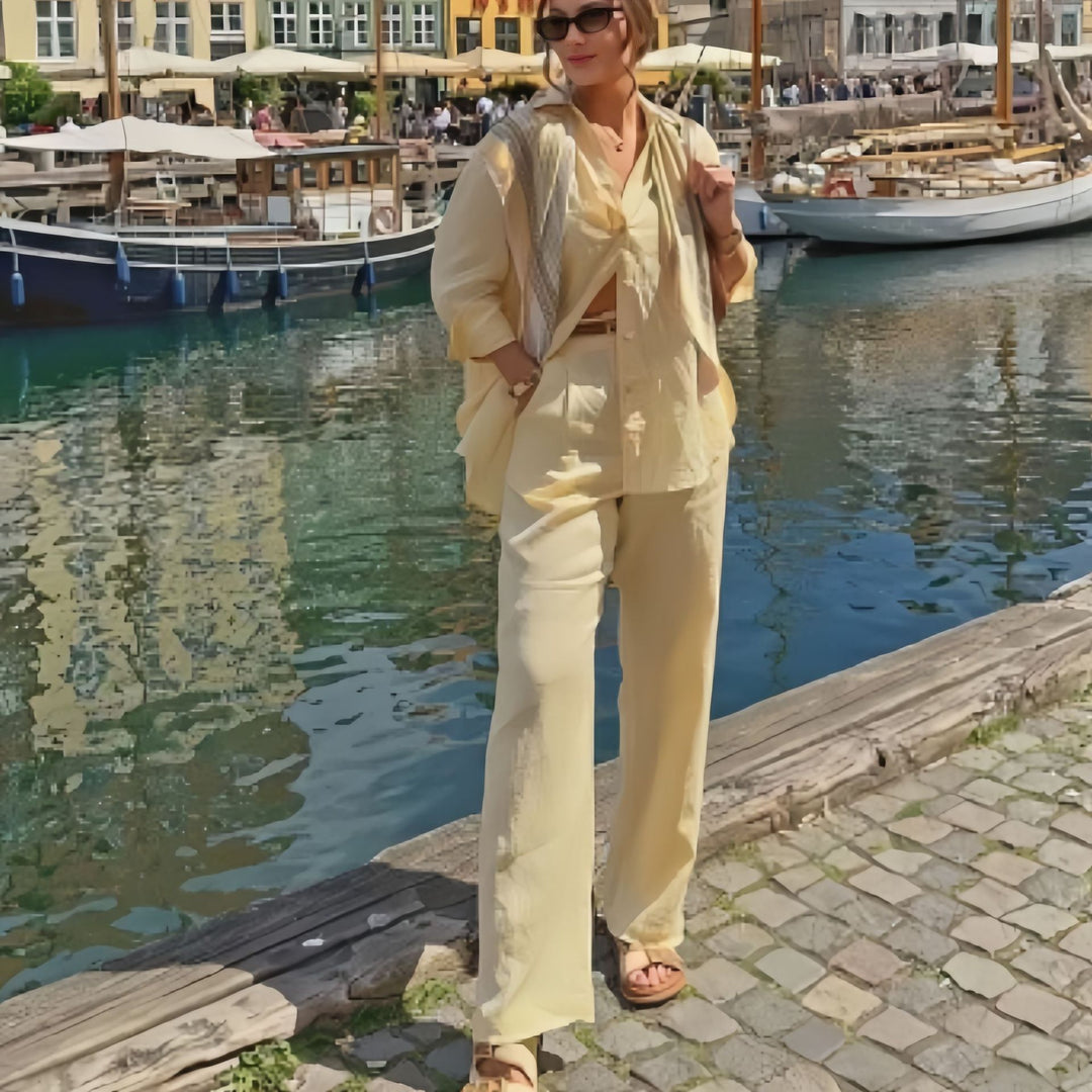 Damen angesagter Leinen-Jumpsuit mit tailliertem Schnitt und langen Ärmeln EB