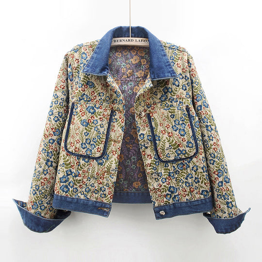 Damen Blumenmuster Denimjacke mit aufgesetzten Taschen und Kragen EB