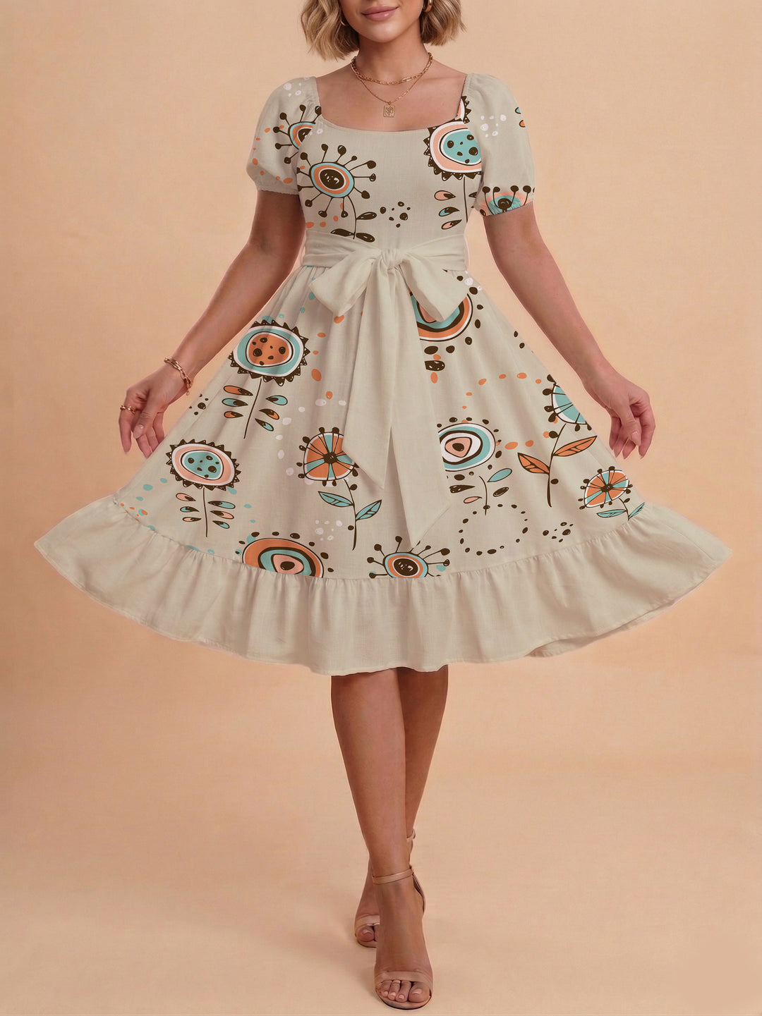 Damen Sommerkleid mit floralem Puffärmel und taillierbarem Gürtel EB