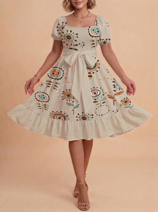 Damen Sommerkleid mit floralem Puffärmel und taillierbarem Gürtel EB