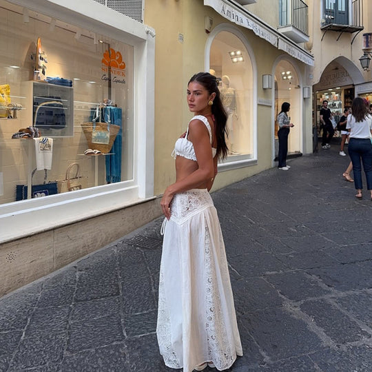 Damen Elegante Häkel-Tunika mit langem Rock EB