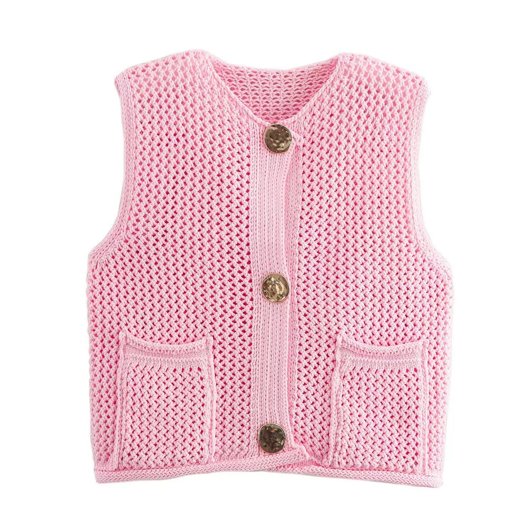 Damen gehäkelte Strickweste mit großen Zierknöpfen und Aufsatztaschen EB