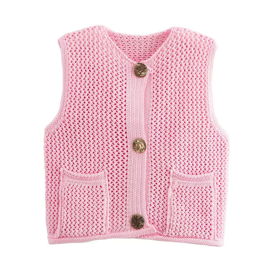 Damen gehäkelte Strickweste mit großen Zierknöpfen und Aufsatztaschen EB