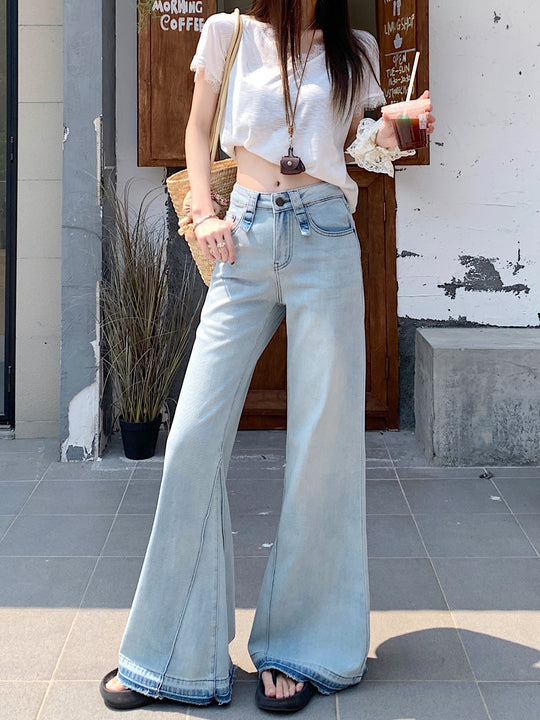 Damen weite Bootcut-Jeans mit hohem Bund und ausgefallenem Design EB