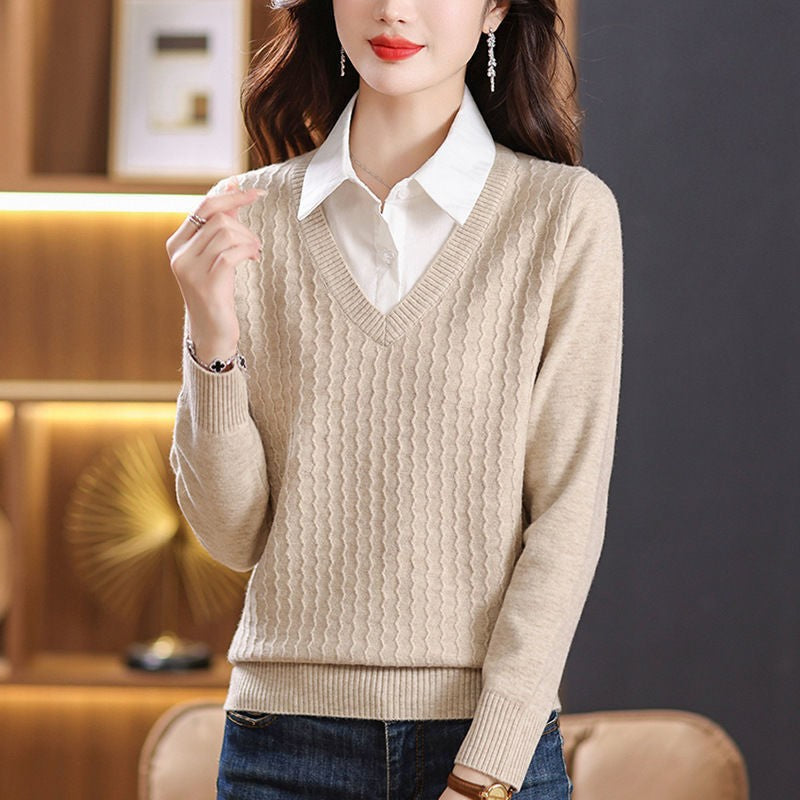 Damen Strickpullover mit V-Ausschnitt und strukturiertem Design EB