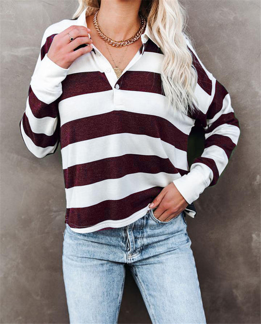 Damen lässiges Langarmshirt mit Streifenmuster und Knopfleiste EB