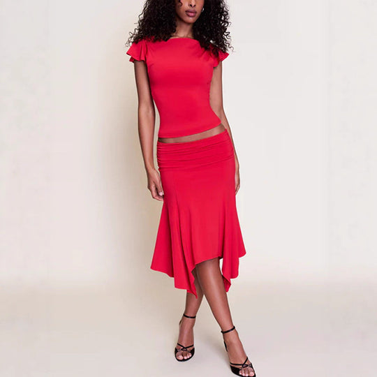 Damen Elegantes Oberteil mit Rüschendetails und asymmetrischem Rock EB