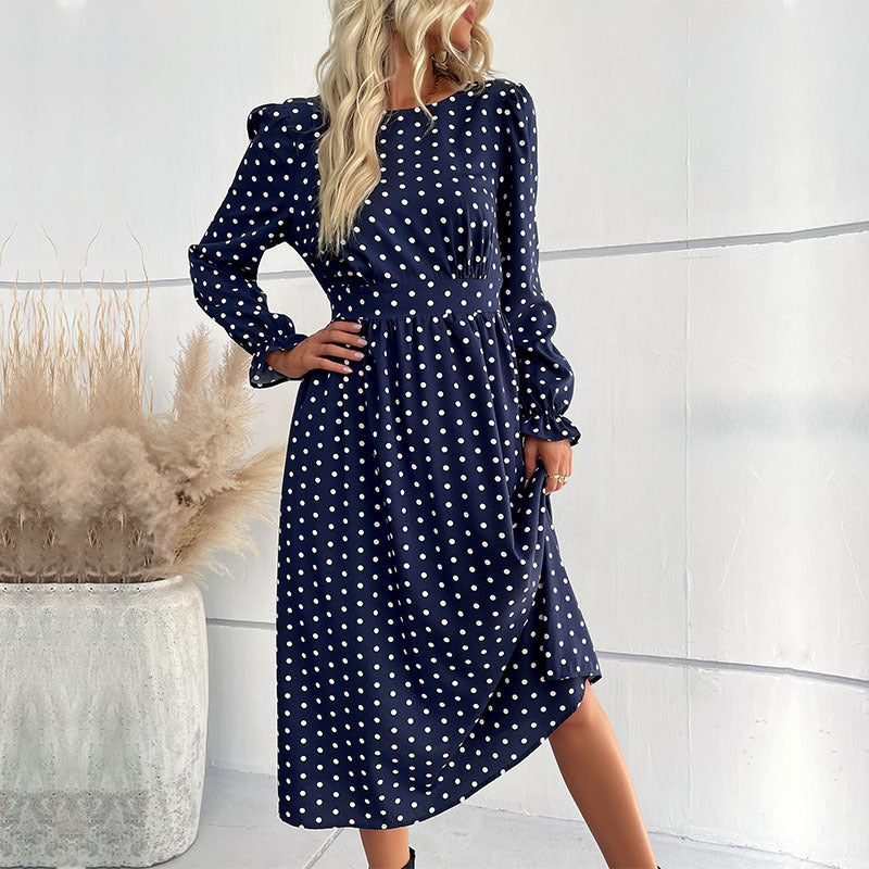 Damen Midi-Kleid mit eleganten Puffärmeln und punktiertem Design EB