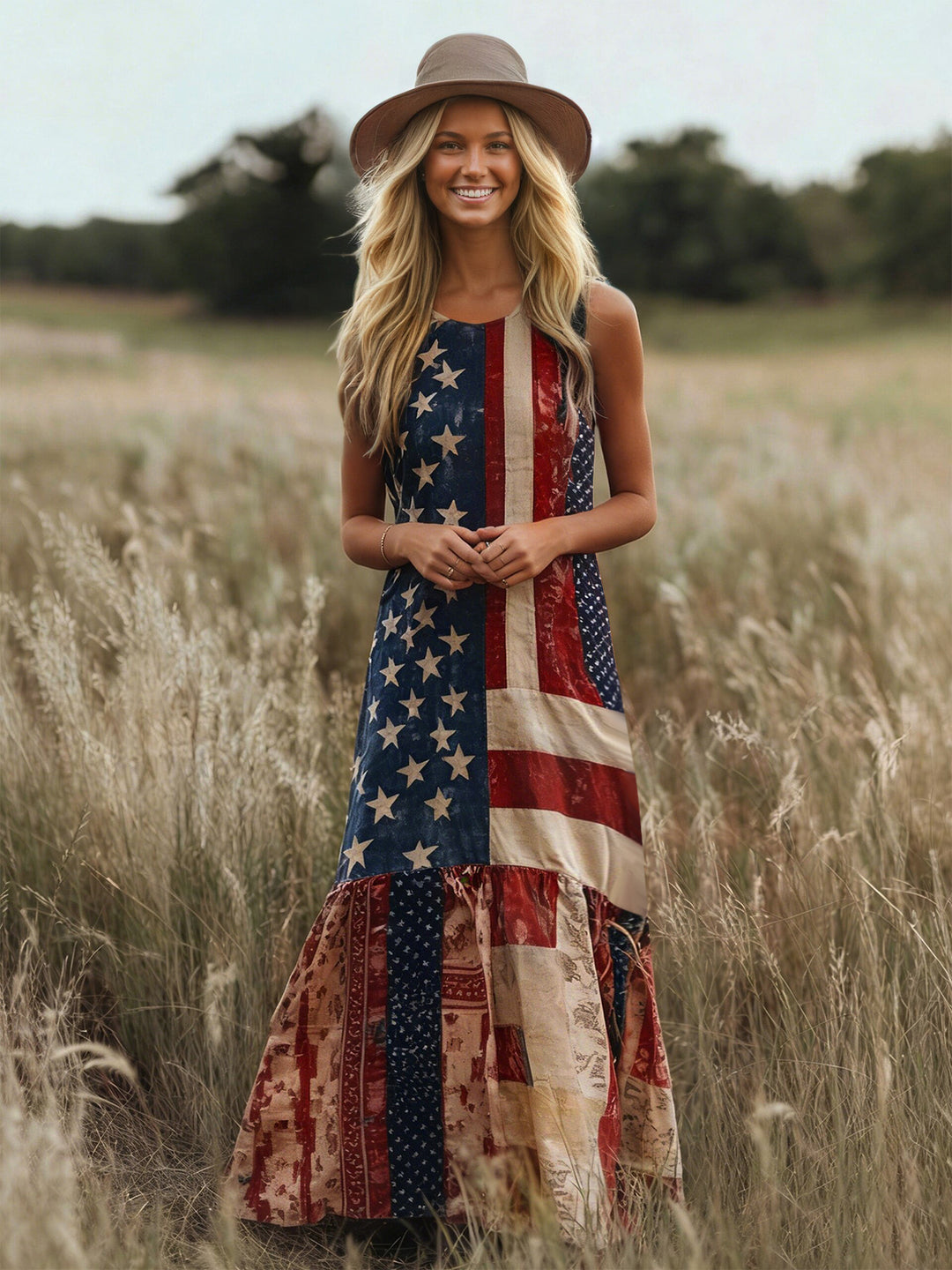 Damen Ethno-Inspirierte Maxikleid mit Flaggenmuster und Rüschensaum EB