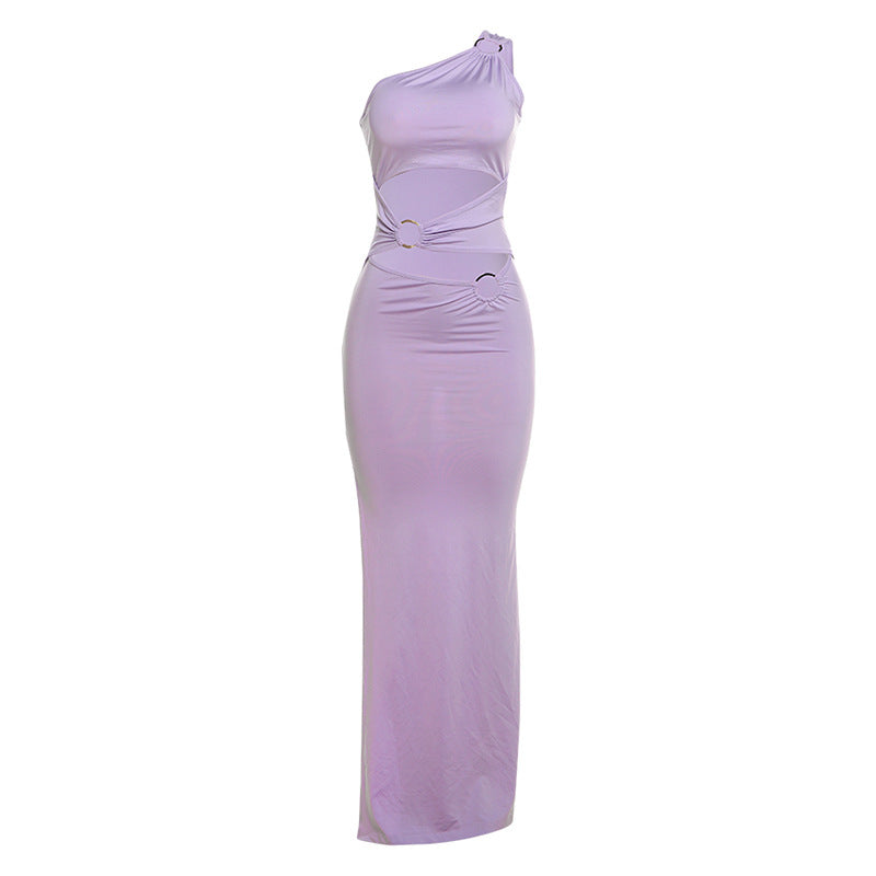 Damen Elegantes One-Shoulder-Maxikleid mit Raffungen und metallischem Detail EB